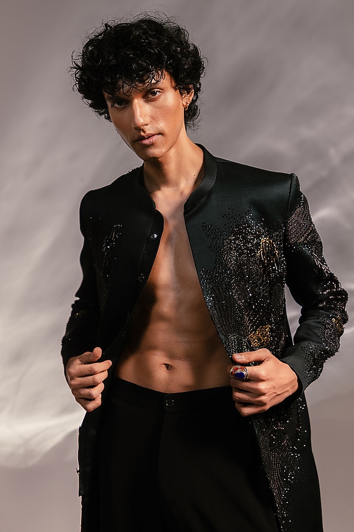 Emerald Green Linen Satin Embellished Achkan Set by PAARSH at Pernia's Pop Up Shop
