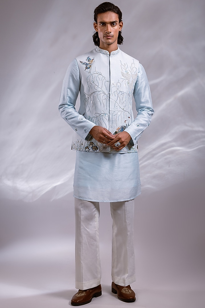 Ice Blue Bam Silk Embroidered Nehru Jacket Set by PAARSH at Pernia's Pop Up Shop