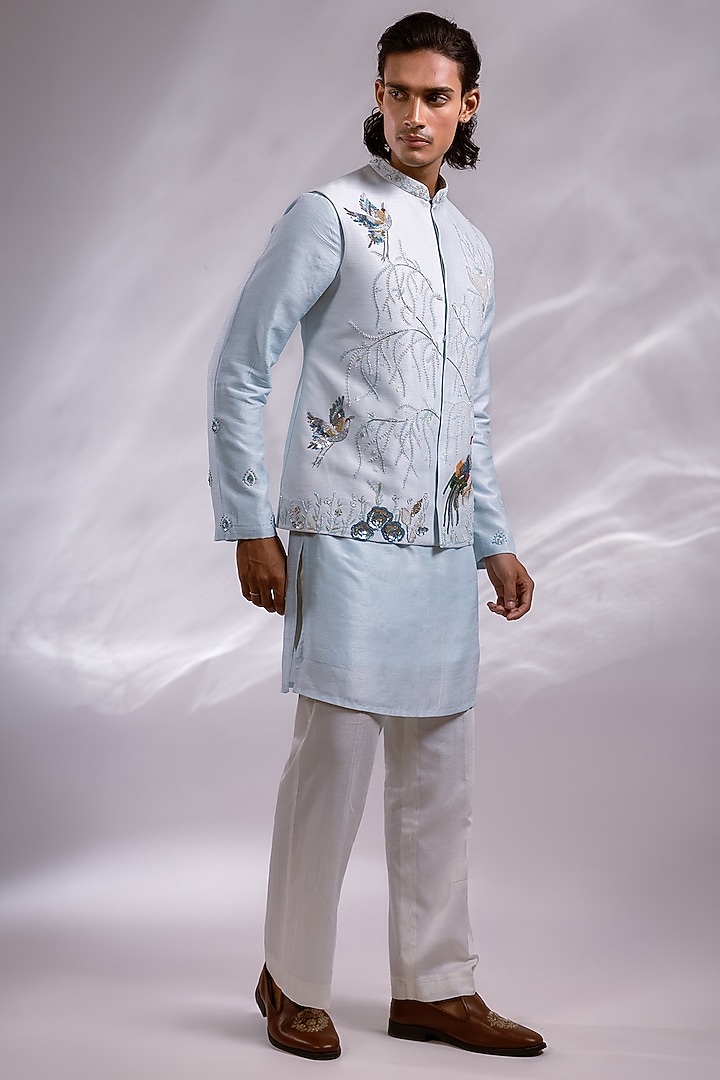 Ice Blue Bam Silk Embroidered Nehru Jacket Set by PAARSH at Pernia's Pop Up Shop