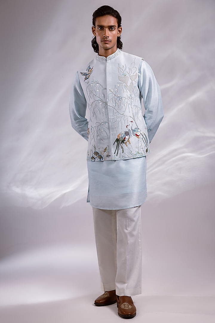 Ice Blue Bam Silk Embroidered Nehru Jacket Set by PAARSH at Pernia's Pop Up Shop