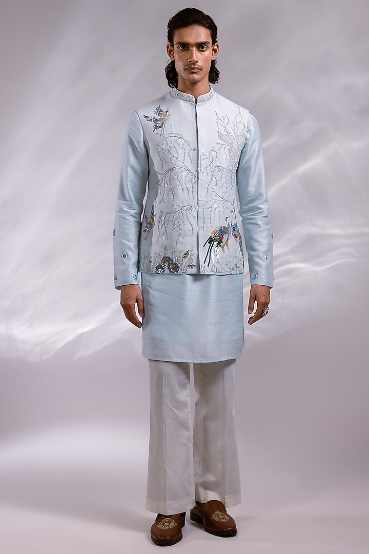 Ice Blue Bam Silk Embroidered Nehru Jacket Set by PAARSH at Pernia's Pop Up Shop