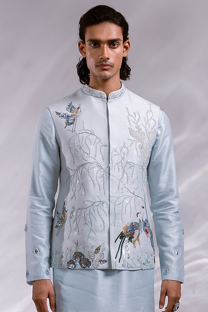 Ice Blue Bam Silk Embroidered Nehru Jacket Set by PAARSH at Pernia's Pop Up Shop