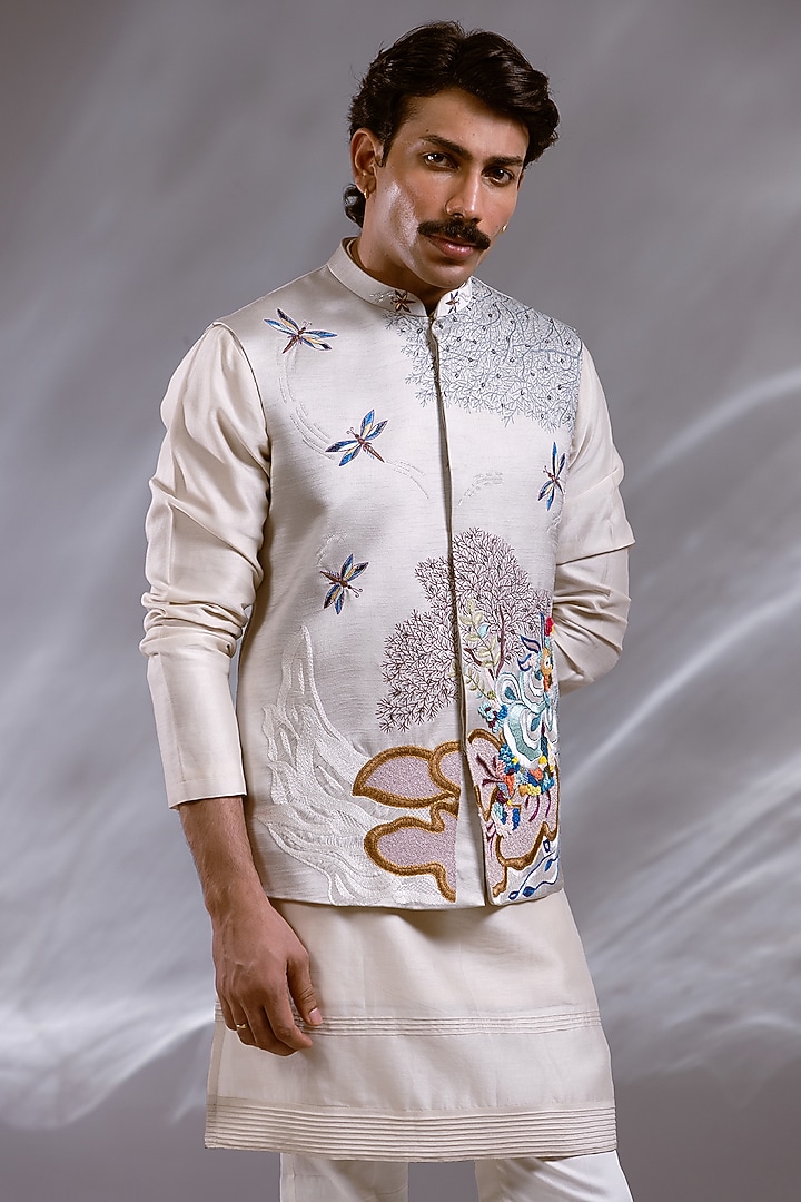 Ice Grey Raw Silk Satin Thread Embroidered Nehru Jacket Set by PAARSH at Pernia's Pop Up Shop