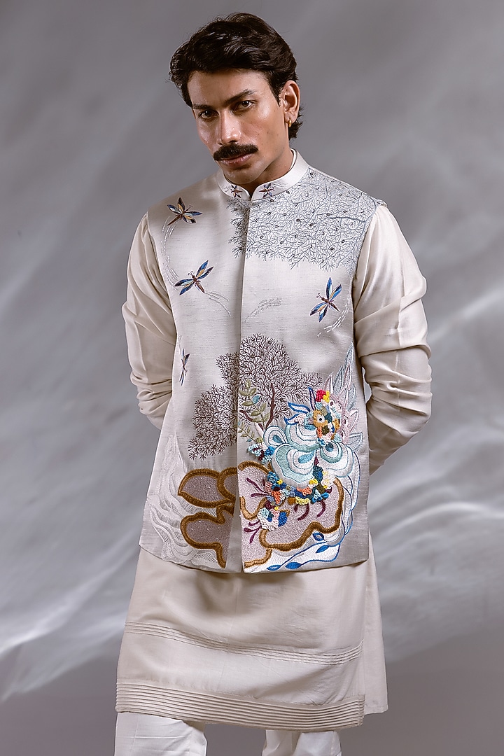 Ice Grey Raw Silk Satin Thread Embroidered Nehru Jacket Set by PAARSH at Pernia's Pop Up Shop
