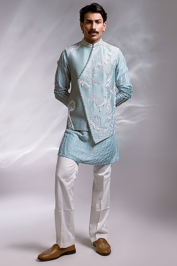 Ice Blue Silk Embroidered Overlapping Nehru Jacket Set by PAARSH at Pernia's Pop Up Shop