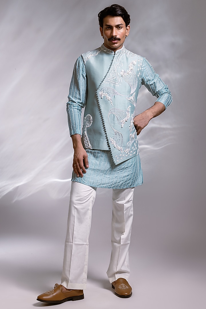 Ice Blue Silk Embroidered Overlapping Nehru Jacket Set by PAARSH at Pernia's Pop Up Shop