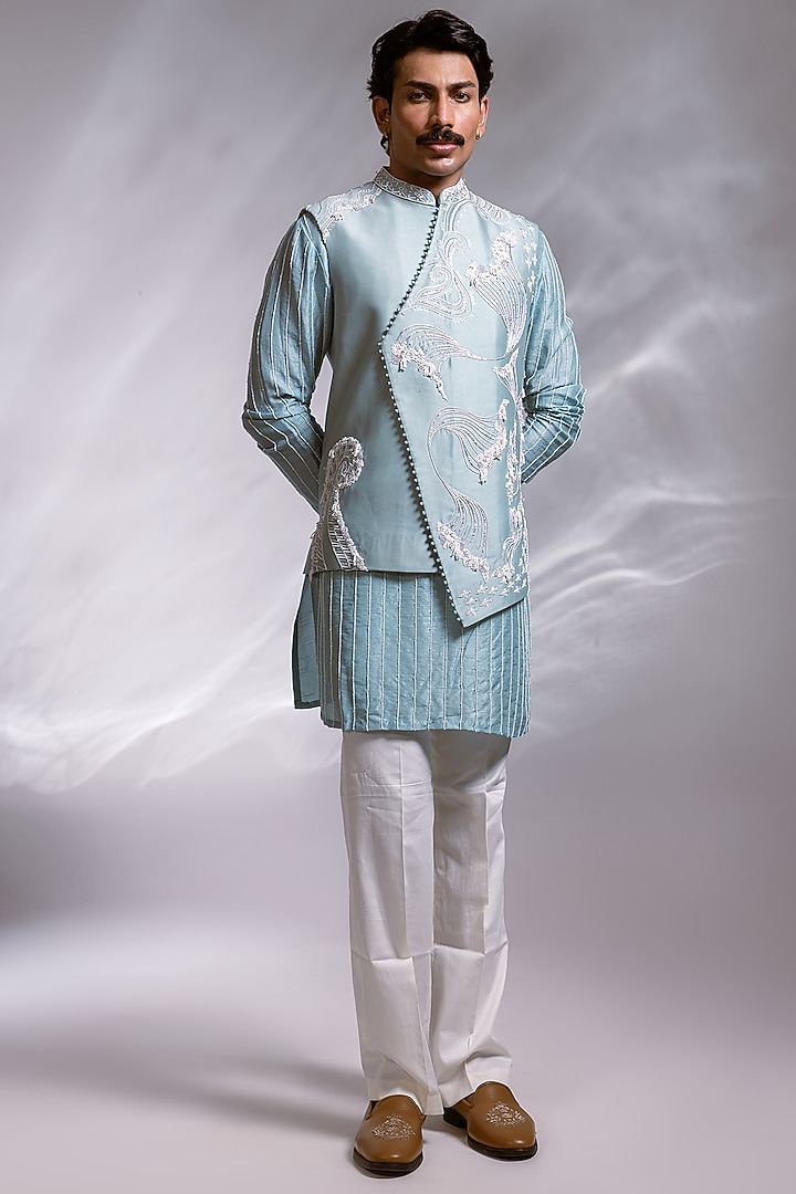 Ice Blue Silk Embroidered Overlapping Nehru Jacket Set by PAARSH at Pernia's Pop Up Shop