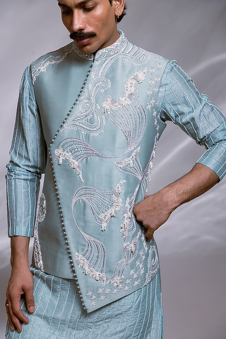 Ice Blue Silk Embroidered Overlapping Nehru Jacket Set by PAARSH at Pernia's Pop Up Shop