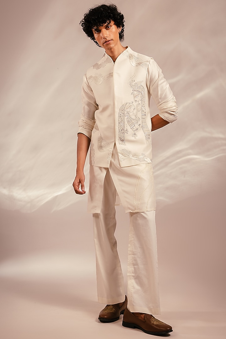 Ivory Silk Embroidered Nehru Jacket Set by PAARSH at Pernia's Pop Up Shop