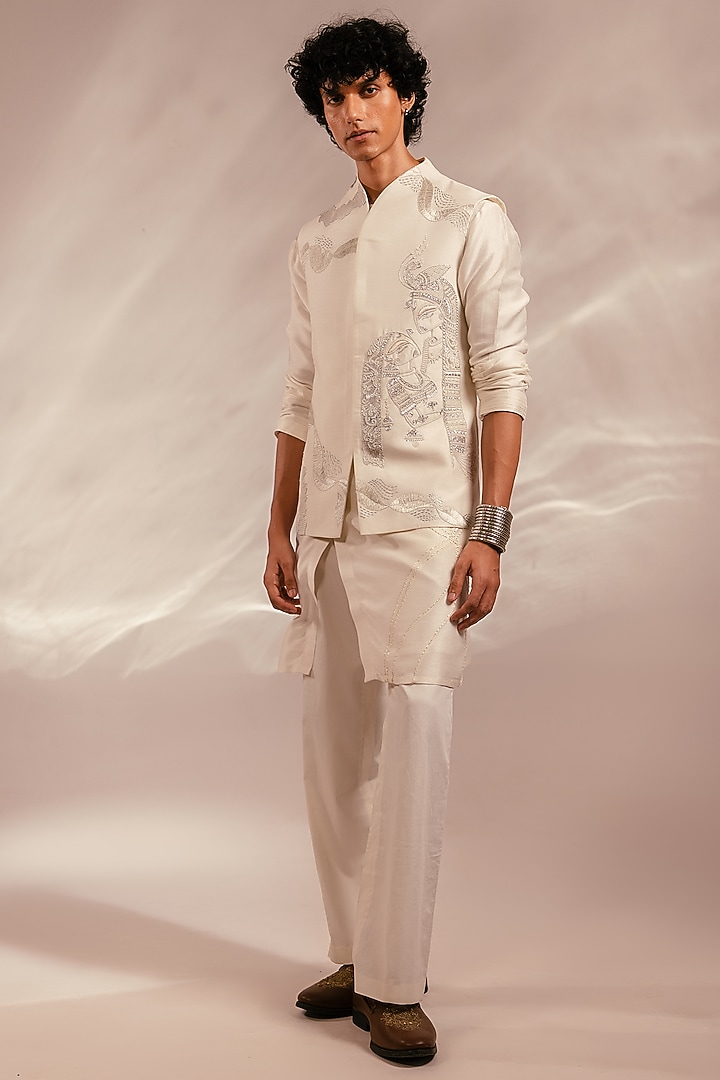 Ivory Silk Embroidered Nehru Jacket Set by PAARSH at Pernia's Pop Up Shop