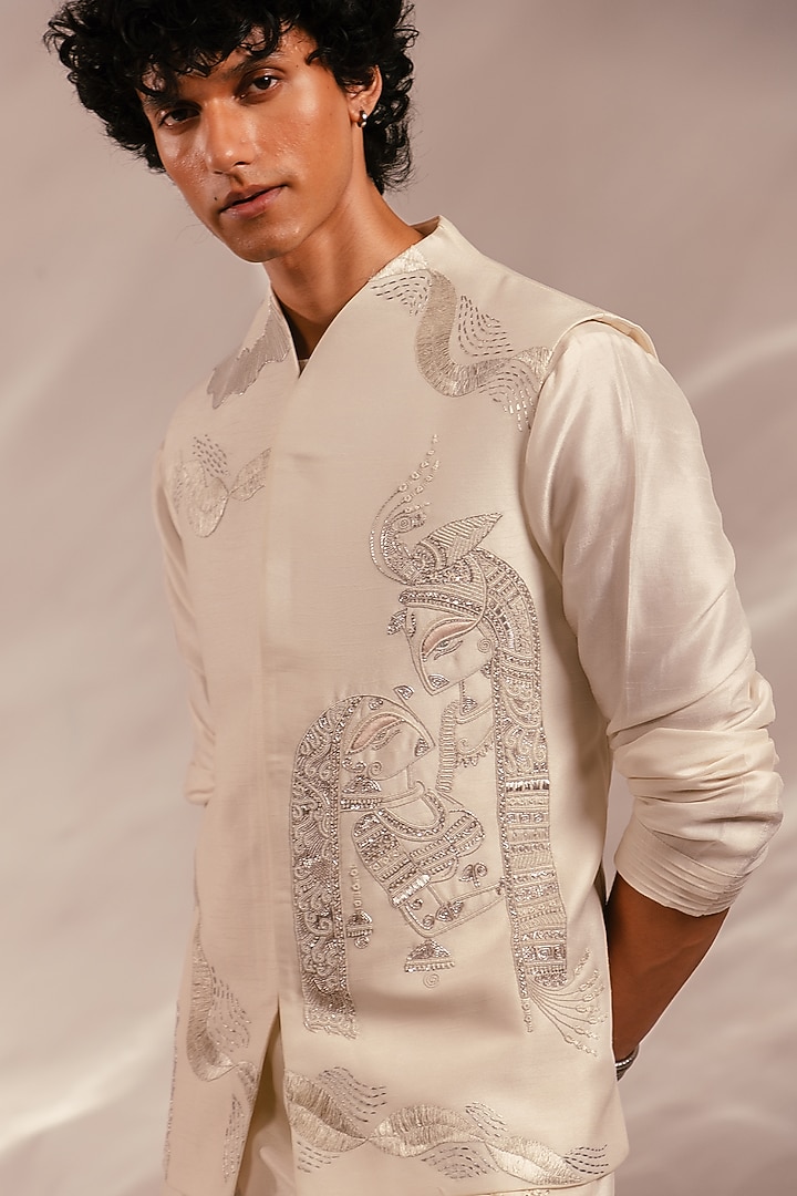 Ivory Silk Embroidered Nehru Jacket Set by PAARSH at Pernia's Pop Up Shop