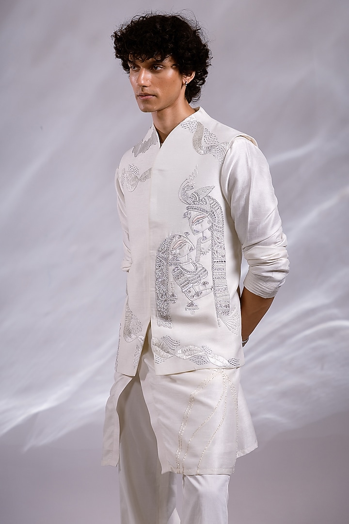 Ivory Silk Embroidered Nehru Jacket Set by PAARSH at Pernia's Pop Up Shop