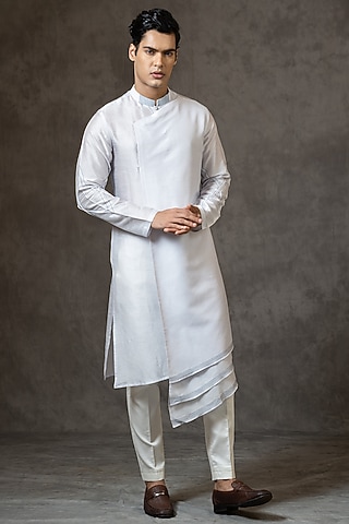 Grey Embroidered Overlapped Kurta Set by PAARSH
