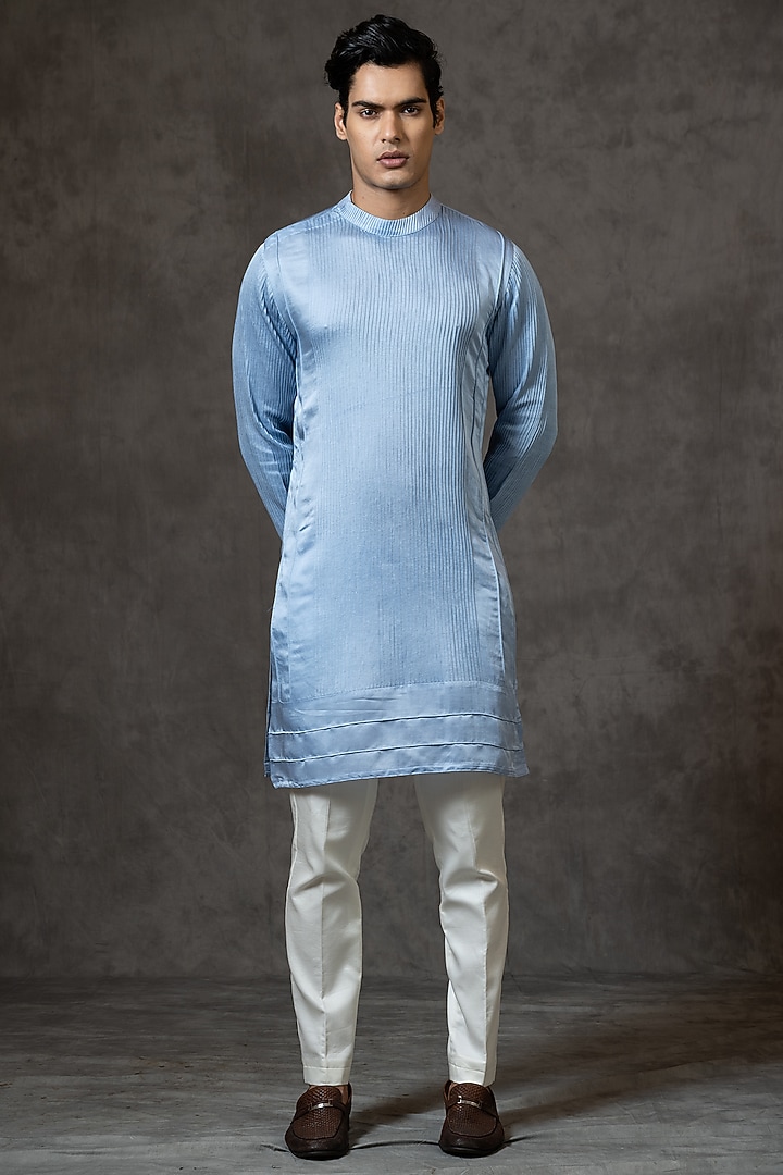 Powder Blue Linen Satin Kurta Set by PAARSH at Pernia's Pop Up Shop