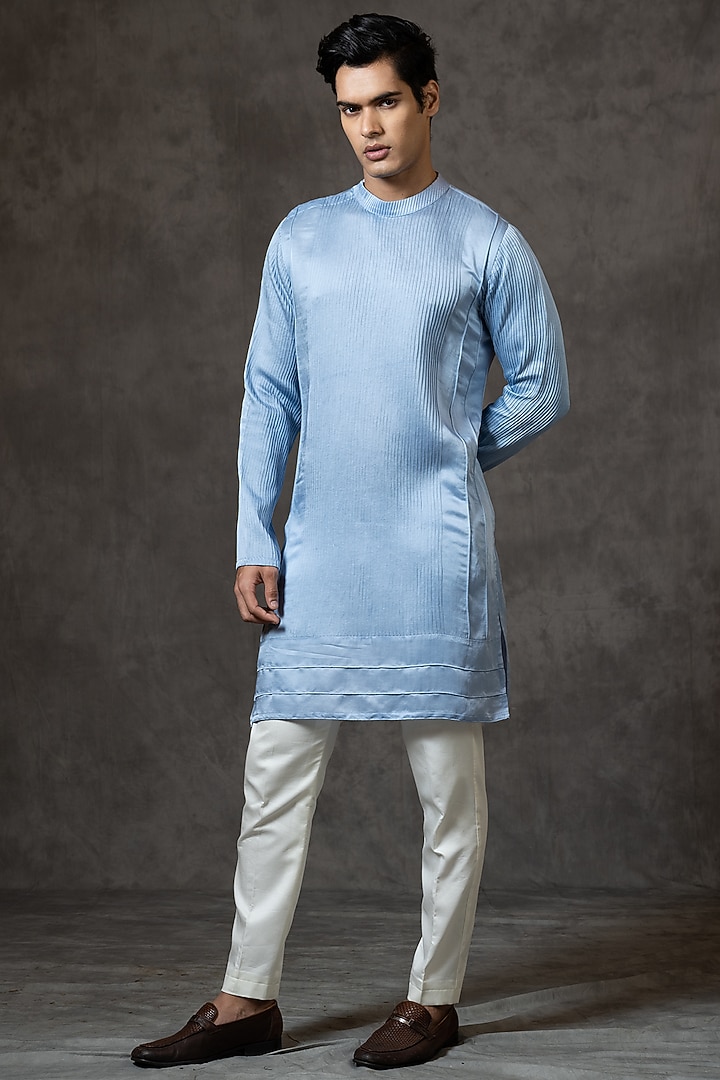 Powder Blue Linen Satin Kurta Set by PAARSH at Pernia's Pop Up Shop