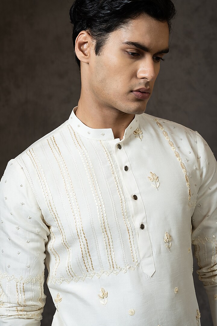 Ivory Bam Silk Embroidered Kurta Set by PAARSH at Pernia's Pop Up Shop