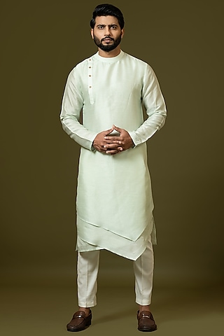 Mint Green Silk Layered Angrakha Kurta Set by PAARSH