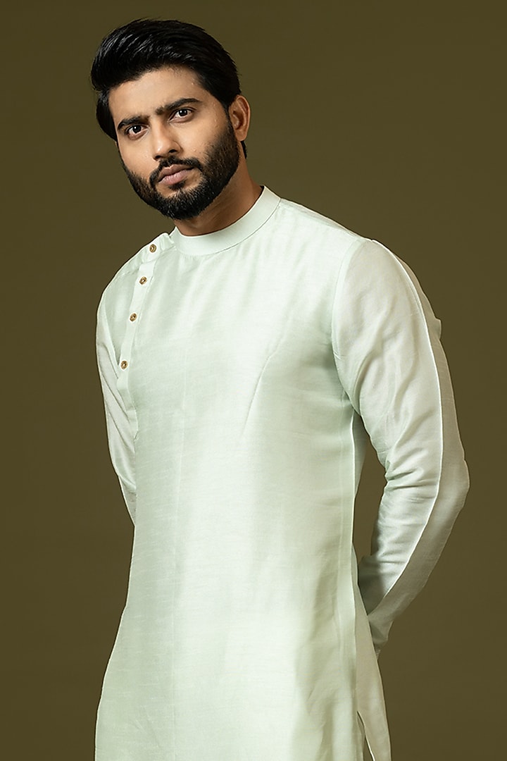 Mint Green Silk Layered Angrakha Kurta Set by PAARSH at Pernia's Pop Up Shop