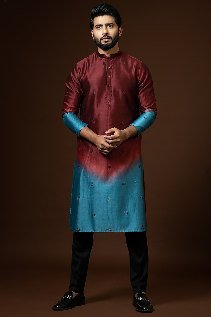 Red & Blue Ombre Embroidered Kurta Set by PAARSH