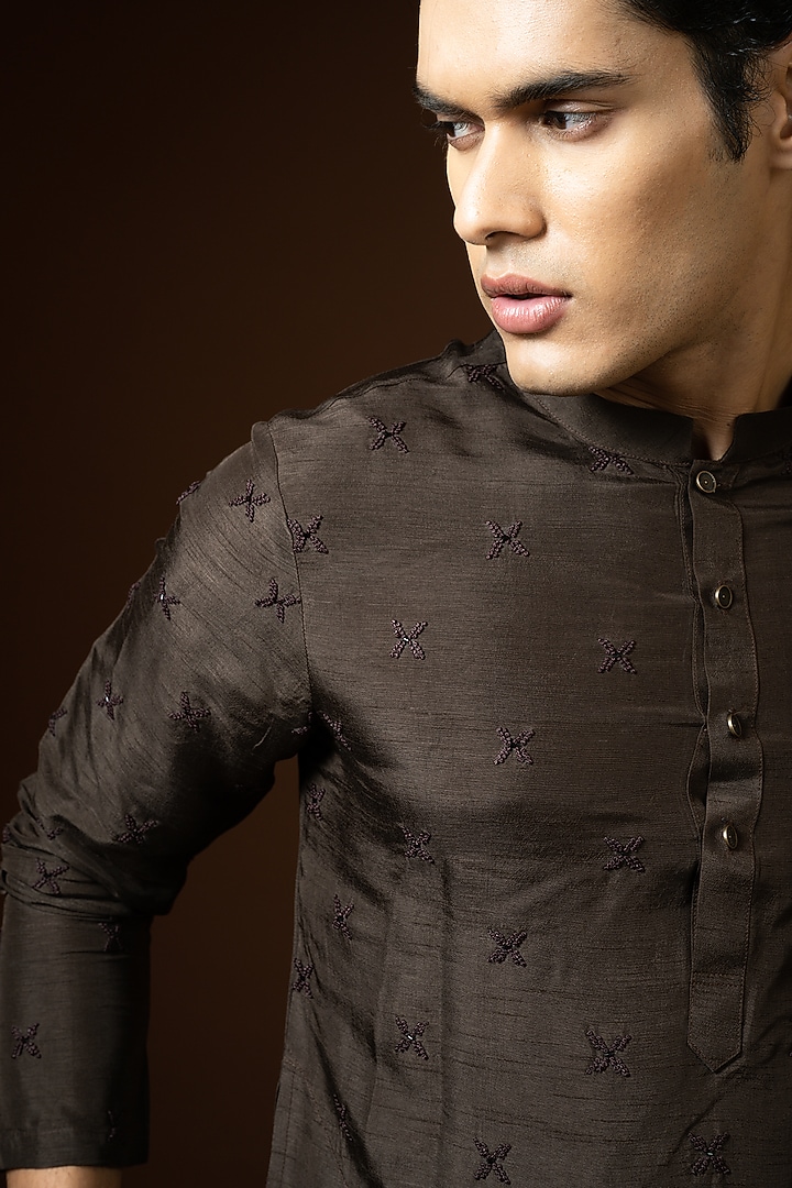 Coco Brown Bam Silk French Knot Embroidered Kurta Set by PAARSH at Pernia's Pop Up Shop
