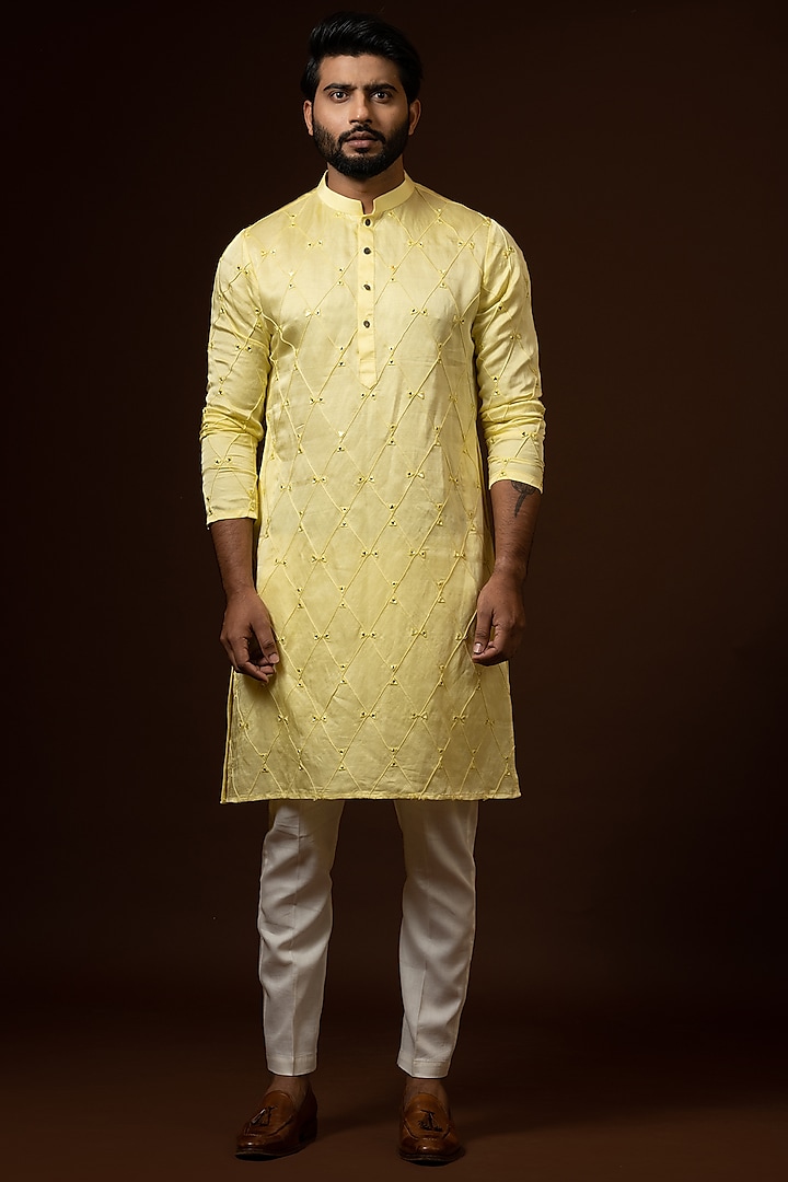 Yellow Embroidered Kurta Set by PAARSH