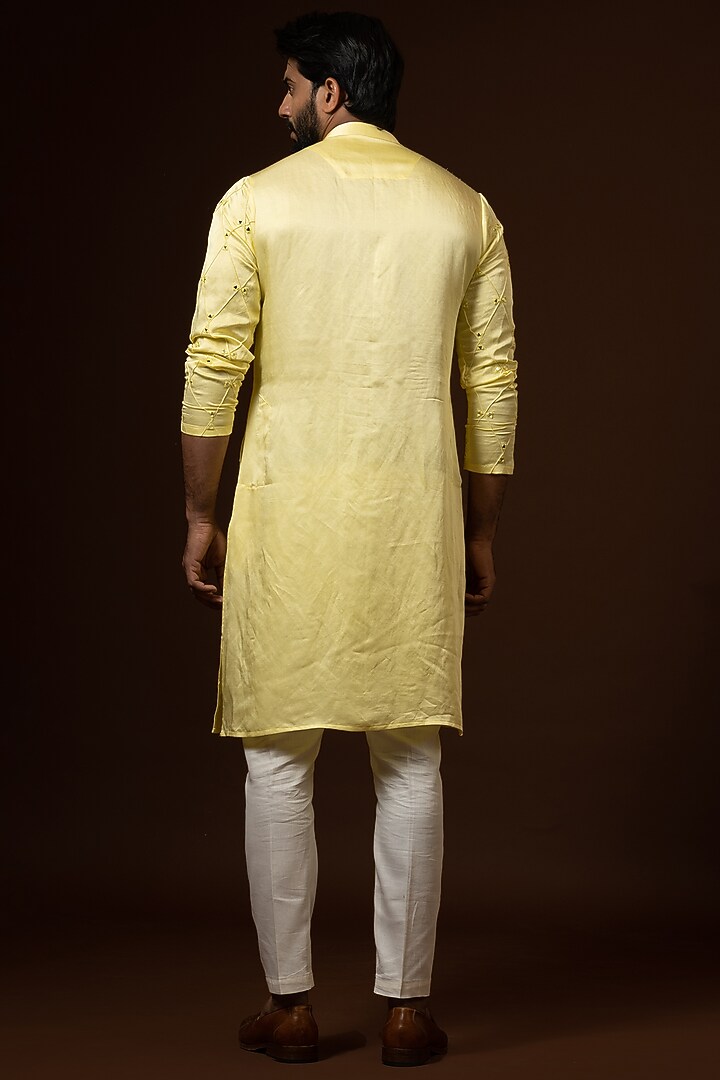Yellow Linen Satn Mirror Work Kurta Set by PAARSH at Pernia's Pop Up Shop
