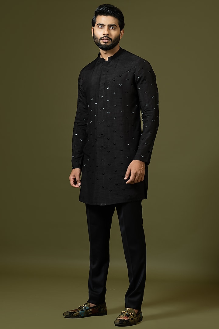 Black Embroidered Kurta Set by PAARSH