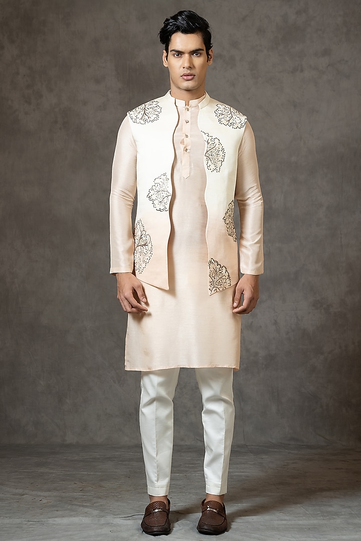 Cream & Peach Embroidered Indo Western Jacket by PAARSH