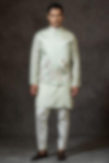 Mint Green Embroidered Bundi Jacket by PAARSH at Pernia's Pop Up Shop