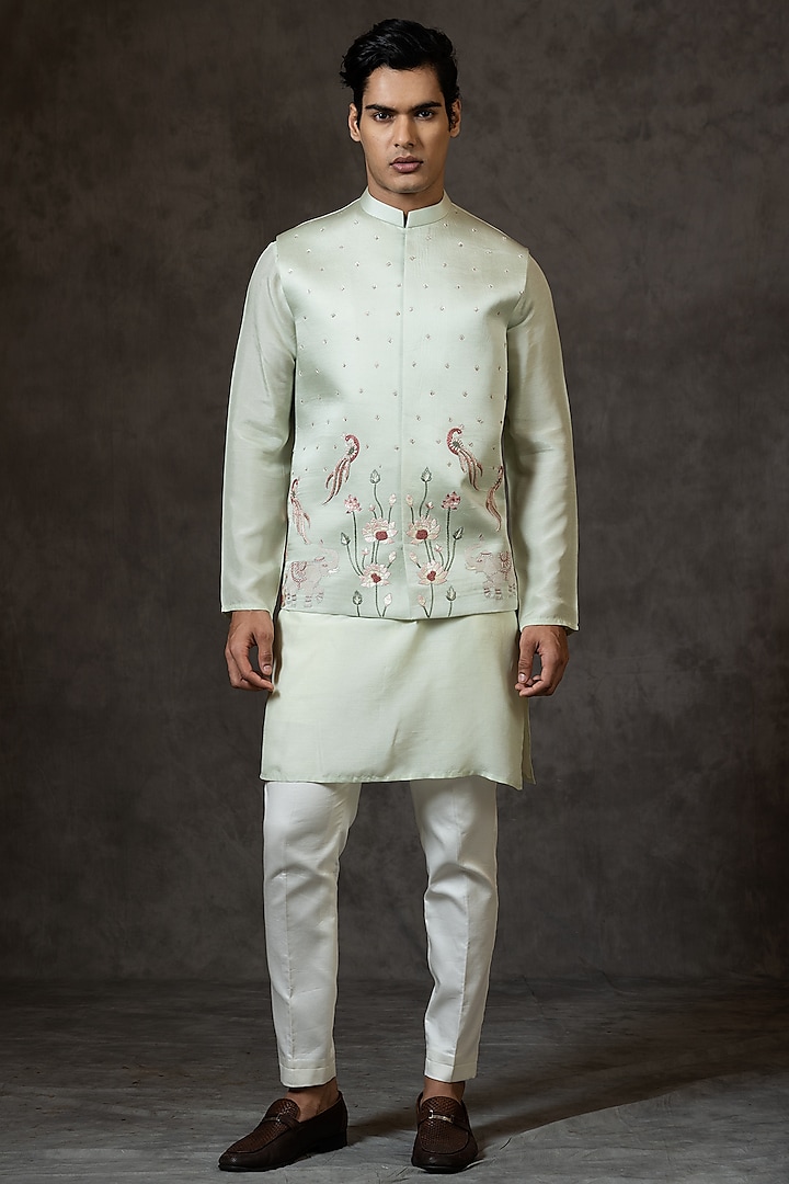 Mint Green Embroidered Bundi Jacket by PAARSH at Pernia's Pop Up Shop