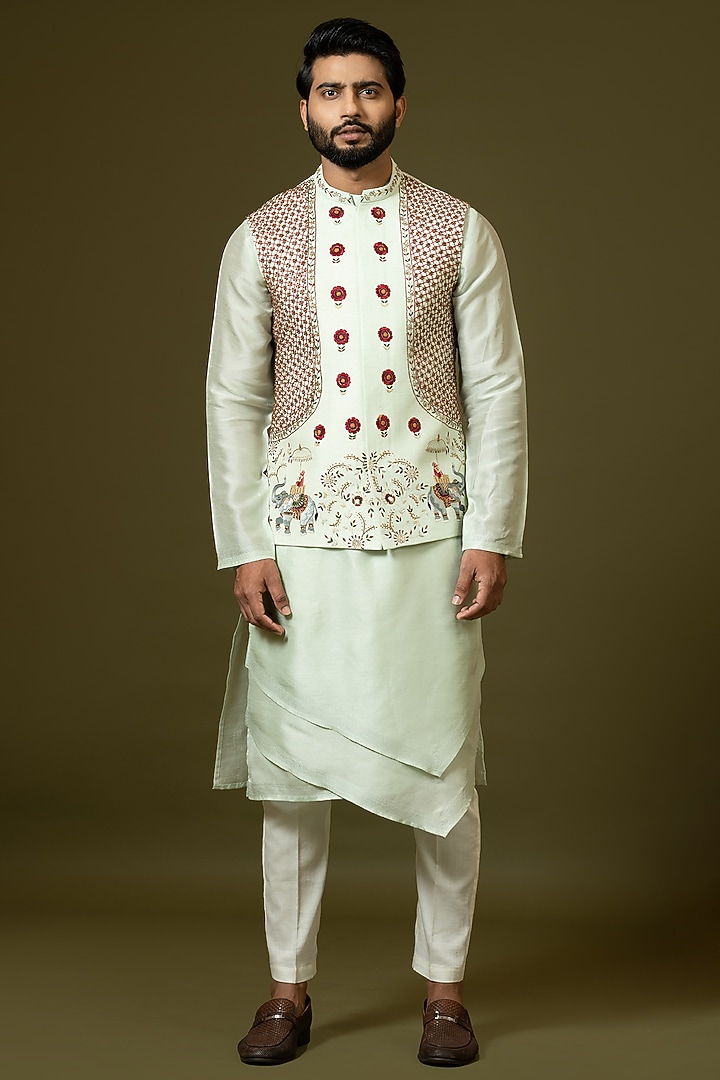 Mint Green Silk Embroidered Bundi Jacket by PAARSH at Pernia's Pop Up Shop