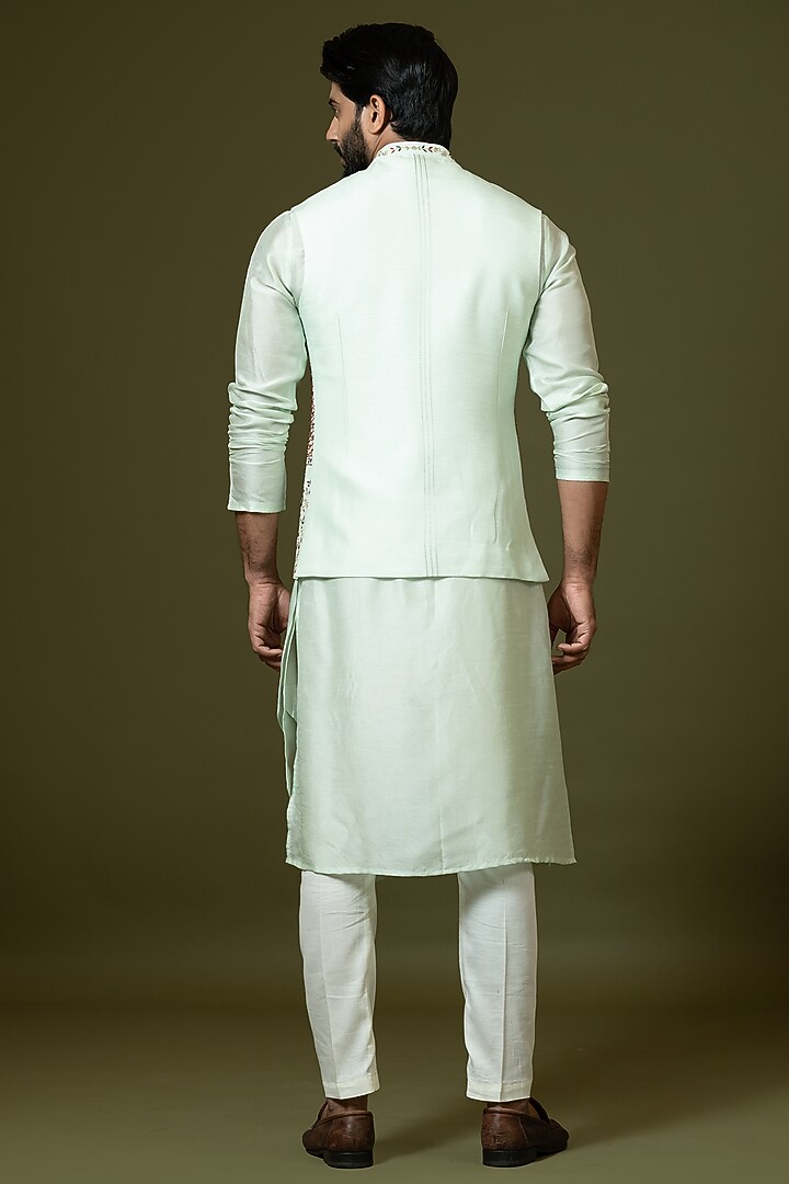 Mint Green Silk Embroidered Bundi Jacket by PAARSH at Pernia's Pop Up Shop
