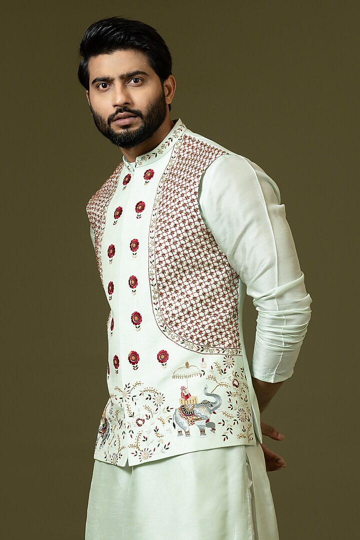 Mint Green Silk Embroidered Bundi Jacket by PAARSH at Pernia's Pop Up Shop