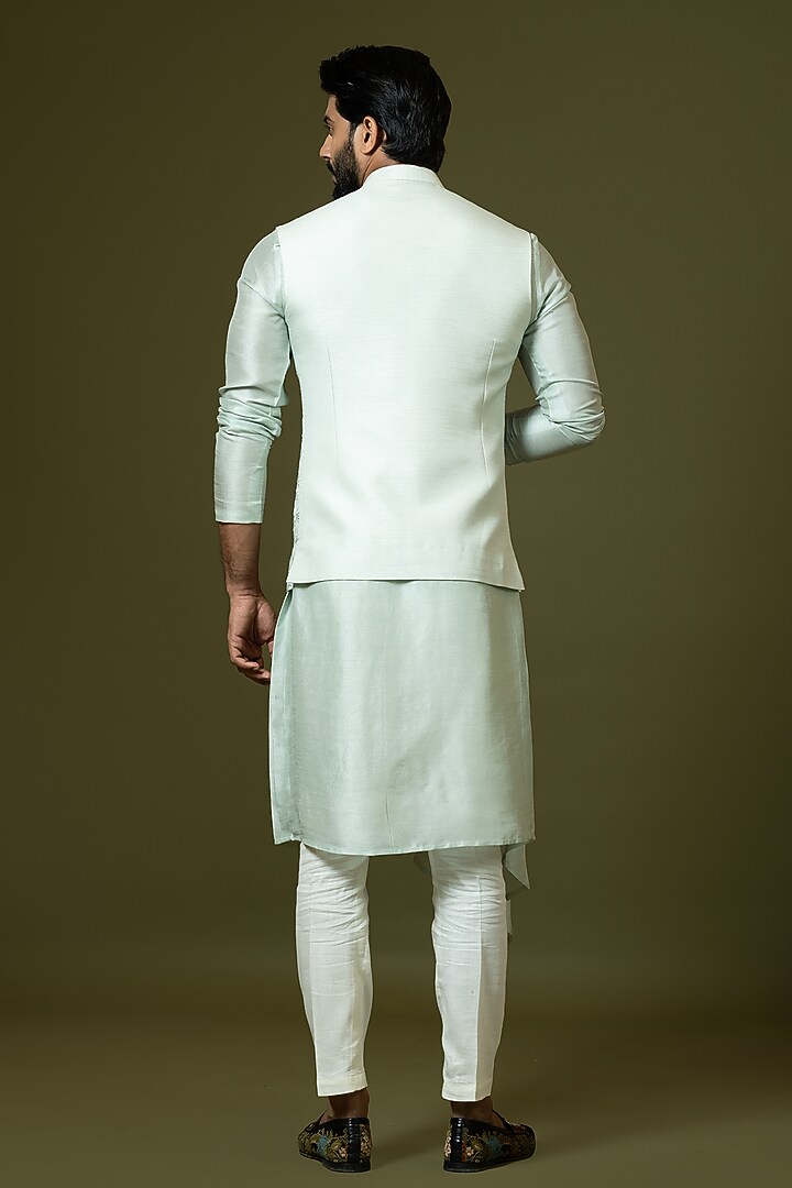 Dusky Green Bam Silk Cutdana Embroidered Bundi Jacket by PAARSH at Pernia's Pop Up Shop