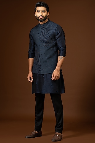Navy Blue Bam Silk Embroidered Bundi Jacket by PAARSH