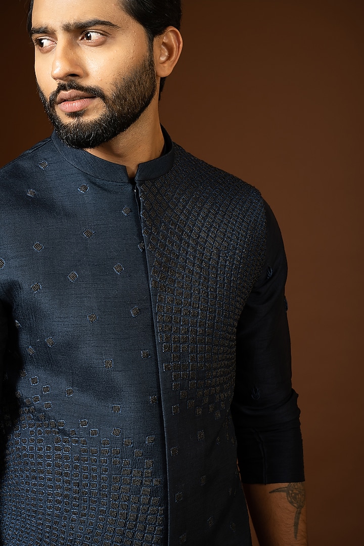 Navy Blue Bam Silk Embroidered Bundi Jacket by PAARSH at Pernia's Pop Up Shop