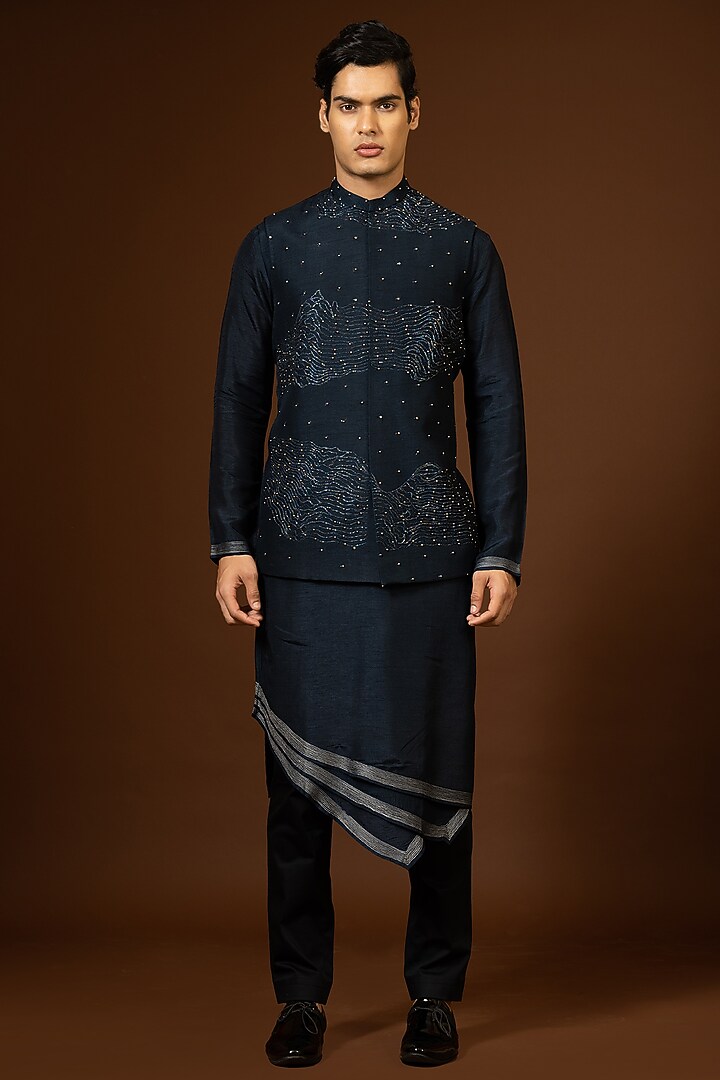 Navy Blue Bam Silk Embroidered Bundi Jacket by PAARSH at Pernia's Pop Up Shop