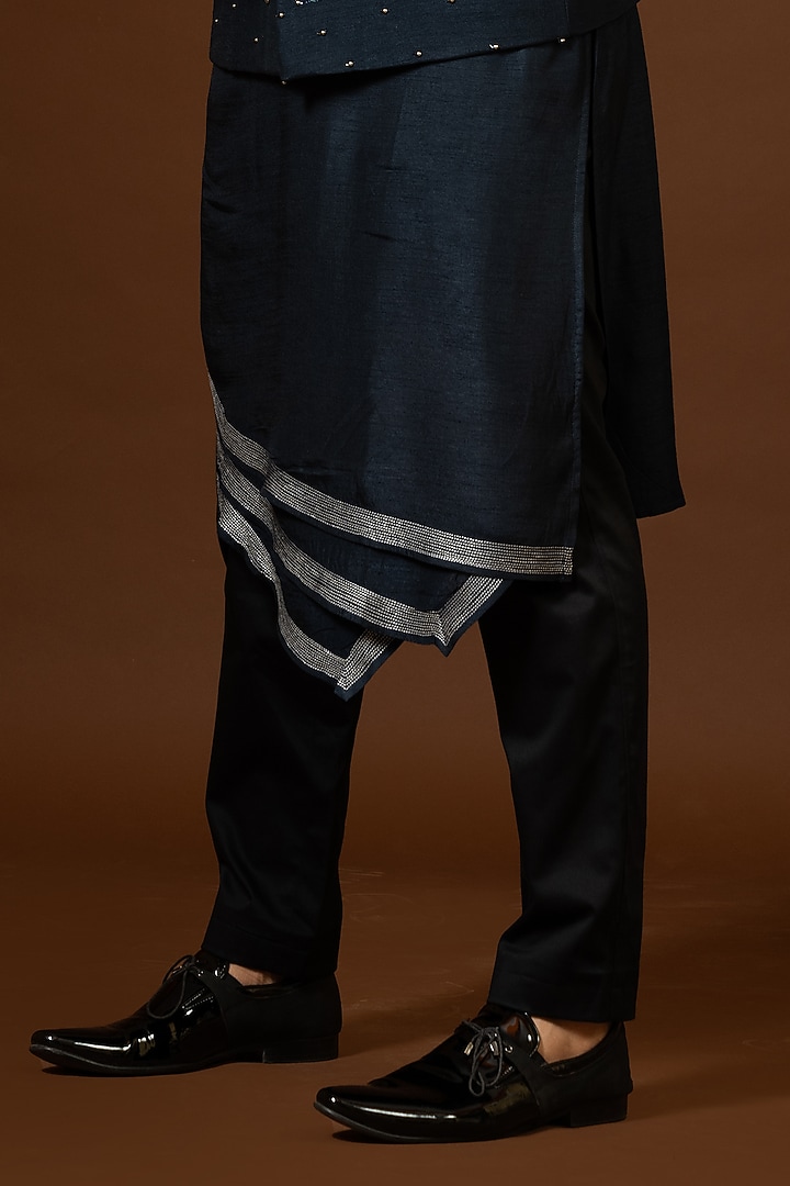 Navy Blue Bam Silk Embroidered Bundi Jacket by PAARSH at Pernia's Pop Up Shop