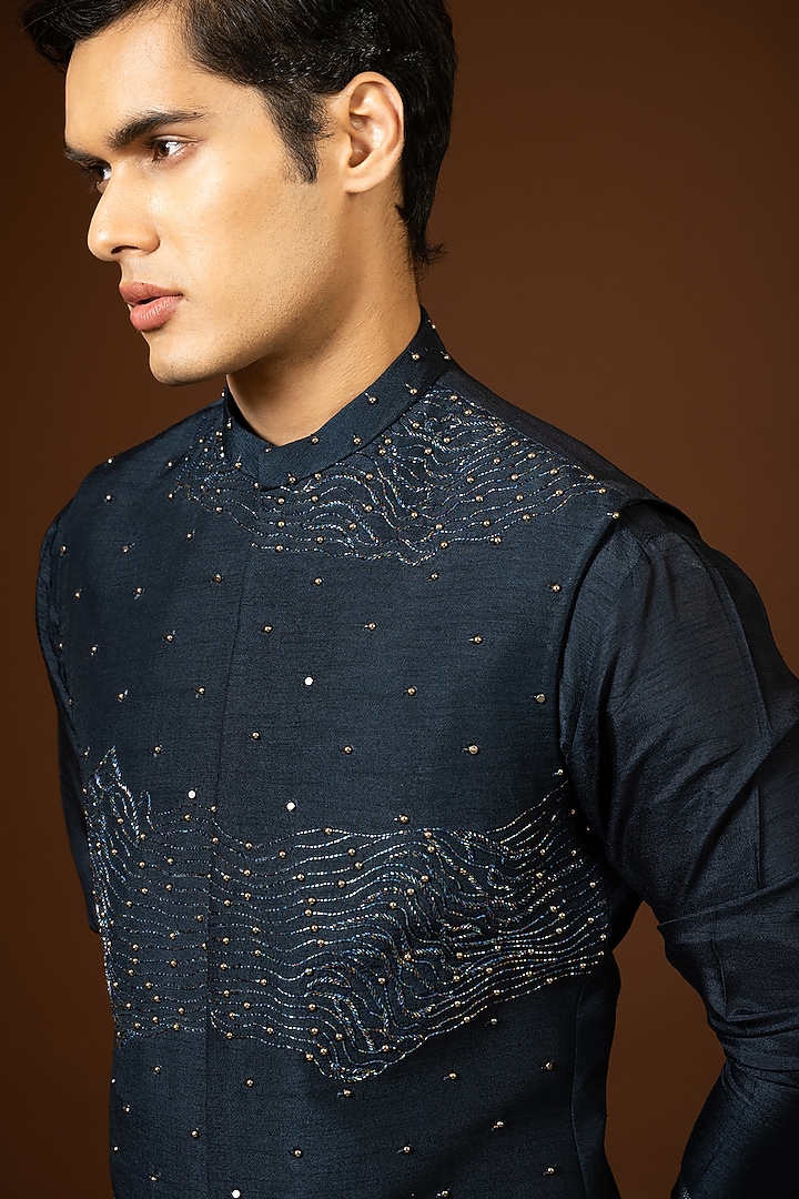 Navy Blue Bam Silk Embroidered Bundi Jacket by PAARSH at Pernia's Pop Up Shop