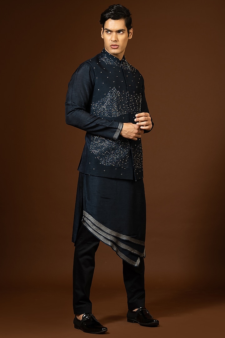 Navy Blue Bam Silk Embroidered Bundi Jacket by PAARSH at Pernia's Pop Up Shop