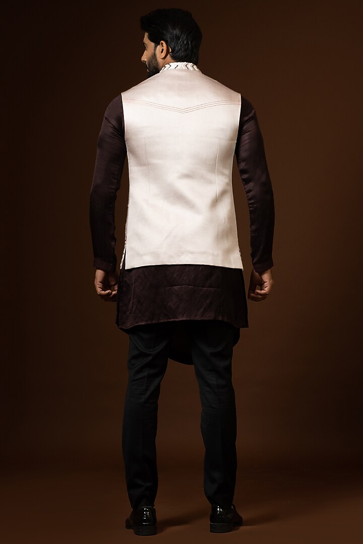 Dusty Pink Linen Satin Embroidered Bundi Jacket by PAARSH at Pernia's Pop Up Shop