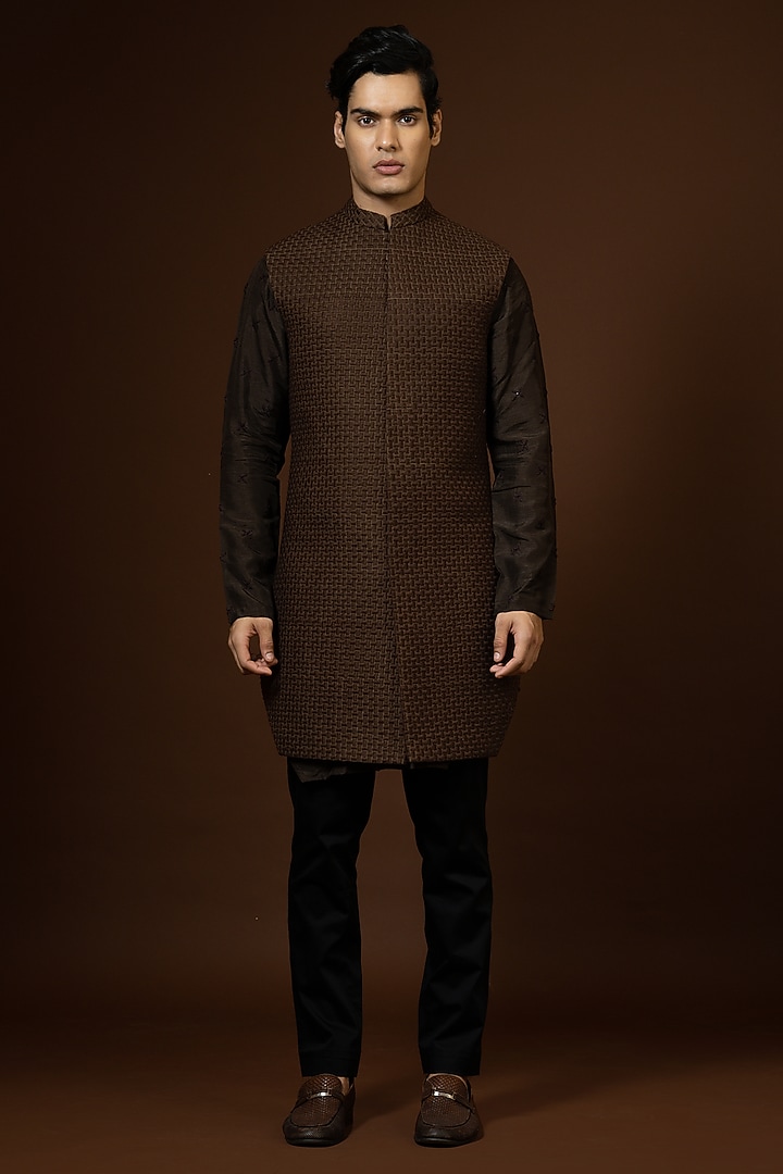Coffee Brown Bam Silk Embroidered Bundi Jacket by PAARSH at Pernia's Pop Up Shop