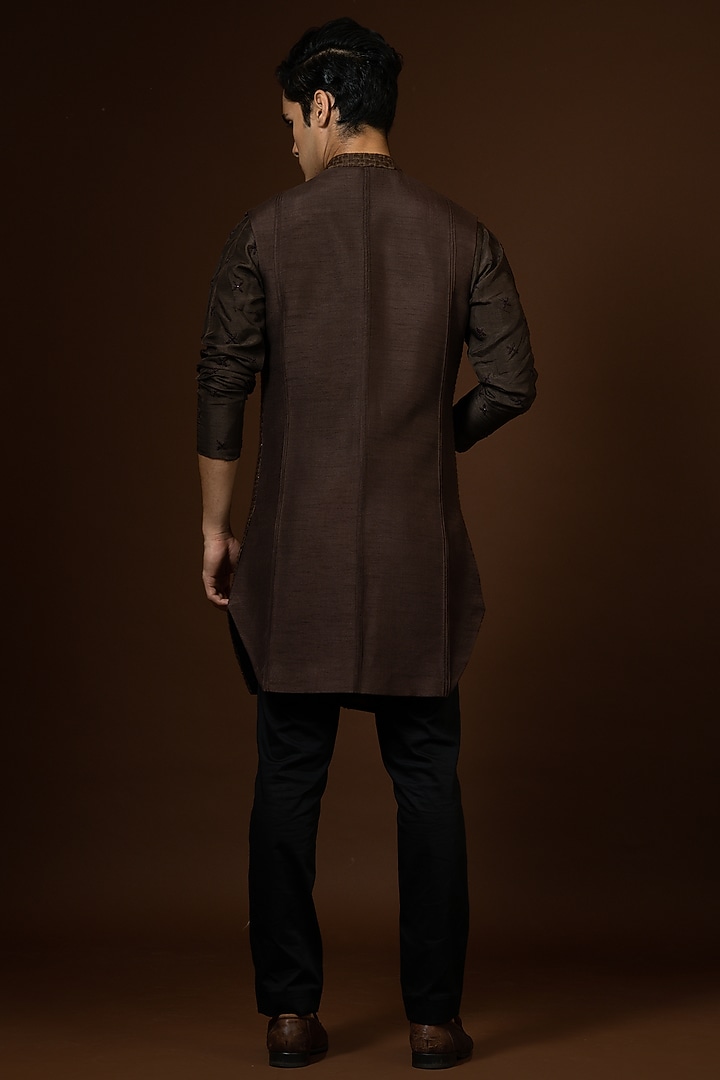 Coffee Brown Bam Silk Embroidered Bundi Jacket by PAARSH at Pernia's Pop Up Shop