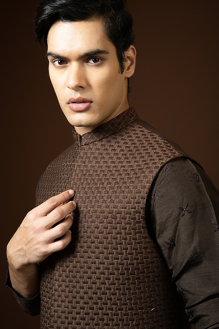 Coffee Brown Bam Silk Embroidered Bundi Jacket by PAARSH at Pernia's Pop Up Shop