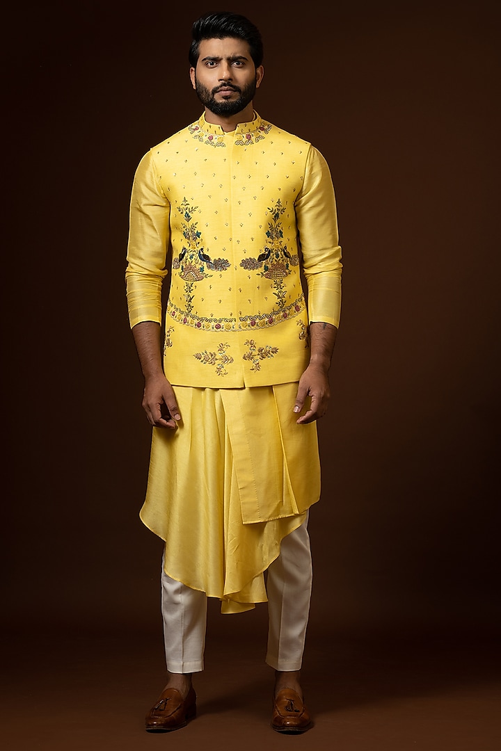 Mustard Yellow Bam Silk Bundi Jacket by PAARSH