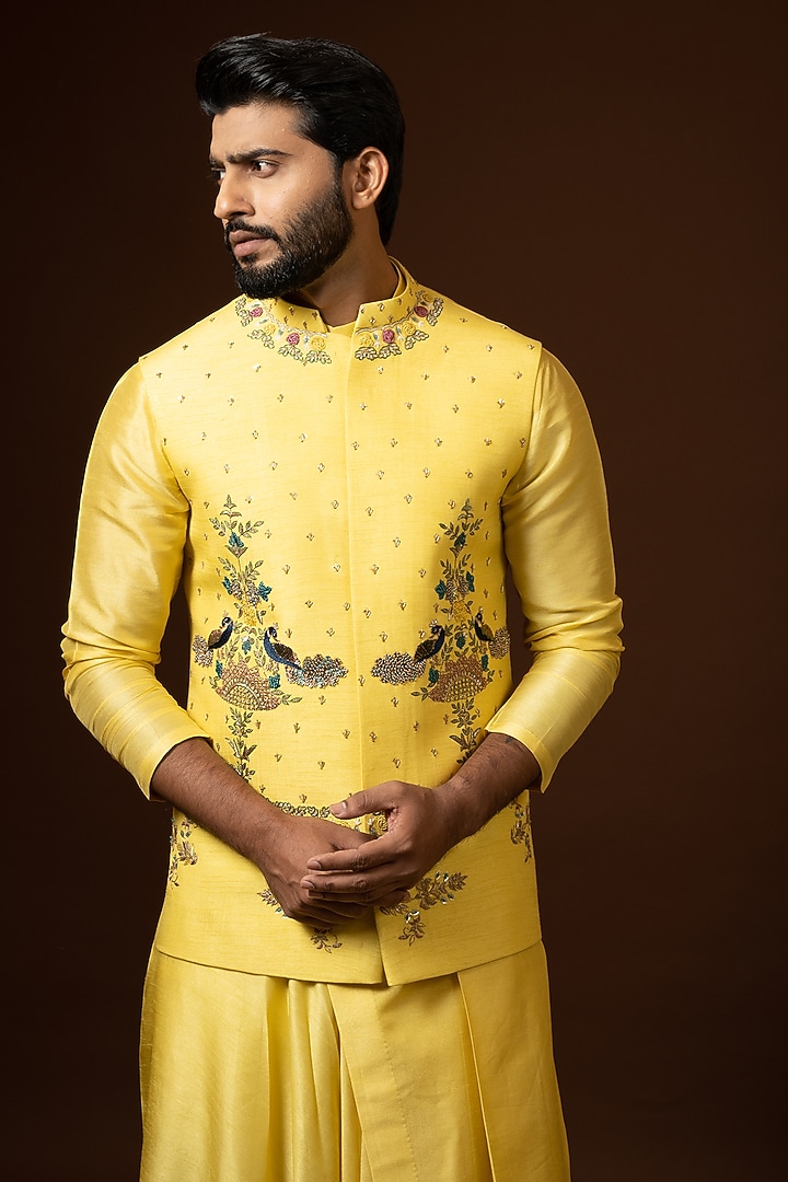 Mustard Bam Silk Bundi Jacket by PAARSH at Pernia's Pop Up Shop