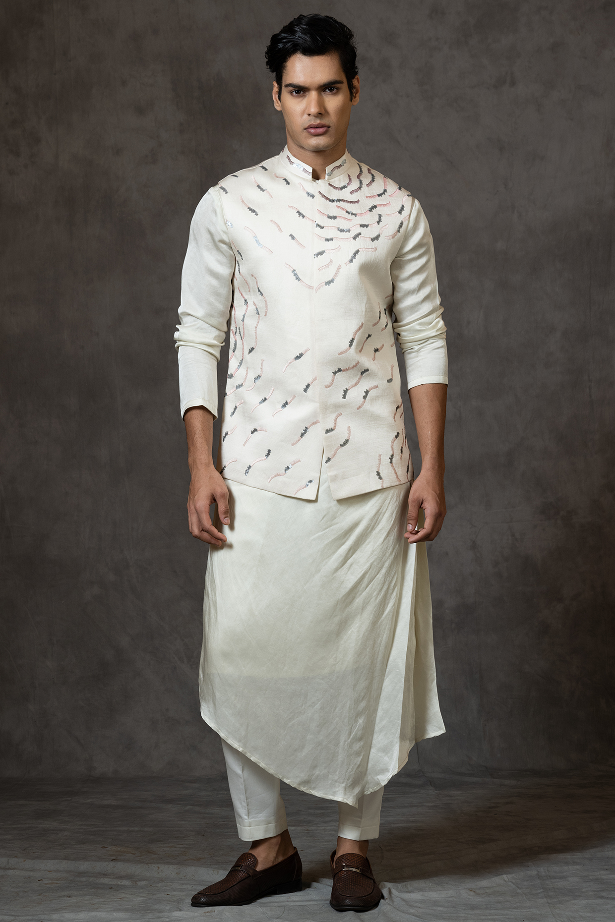 Ivory Embroidered Bundi Jacket With Kurta Set by PAARSH