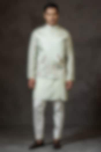 Mint Green Embroidered Bundi Jacket With Kurta Set by PAARSH at Pernia's Pop Up Shop