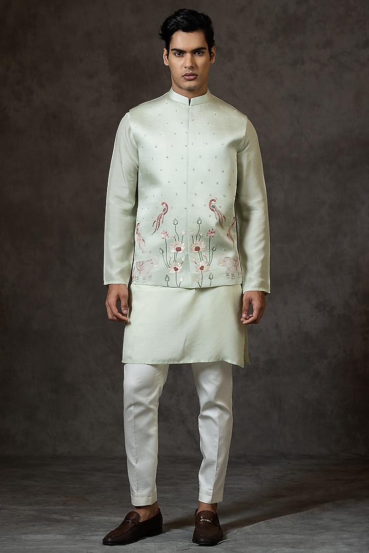 Mint Green Embroidered Bundi Jacket With Kurta Set by PAARSH at Pernia's Pop Up Shop