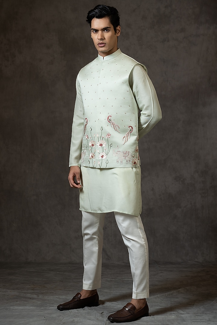 Mint Green Embroidered Bundi Jacket With Kurta Set by PAARSH at Pernia's Pop Up Shop